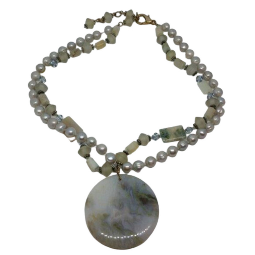 Vintage Gemstone Pendant Necklace Genuine Cultured Pearl Statement Boho